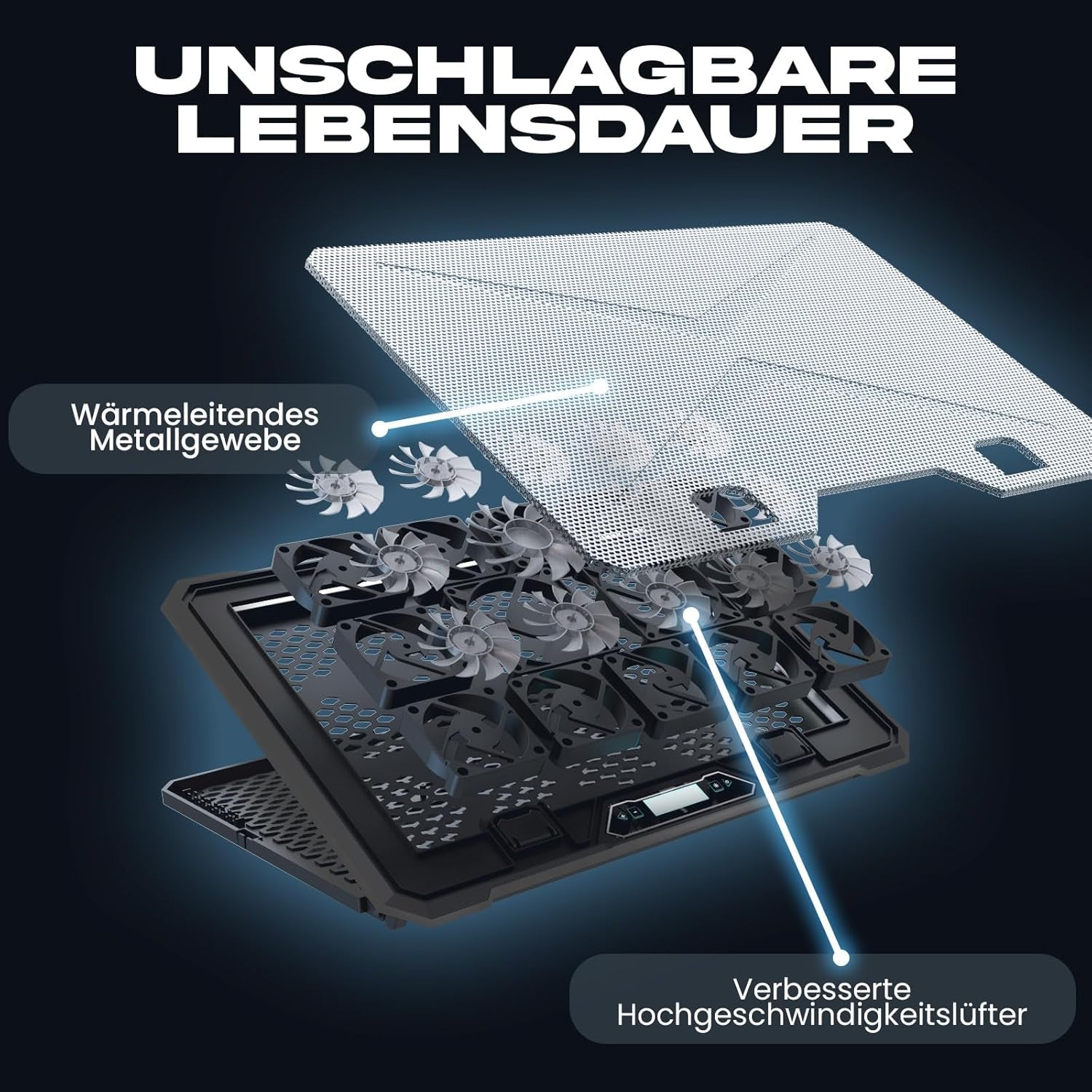 KLIM V15 Gaming Laptop Cooling Pad Mit 15 Lüftern + Kühler + Stabiler RGB Ständer + Kompatibel Bis 17" + 2 USB Ports + Handyhalterung + 5 Jahre Schutz