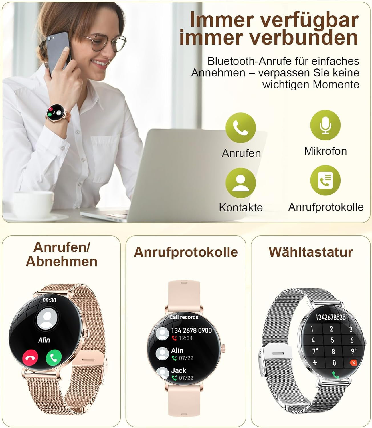 LIGE 2025 Smartwatch Damen, 1,43" HD AMOLED Kreisbogen Display Roségold Armbanduhr Mit Telefonfunktion, Menstruationszyklus/Herzfrequenz, IP68 Wasserdicht 120+ Sportmodi Sportuhr Für Andriod Ios