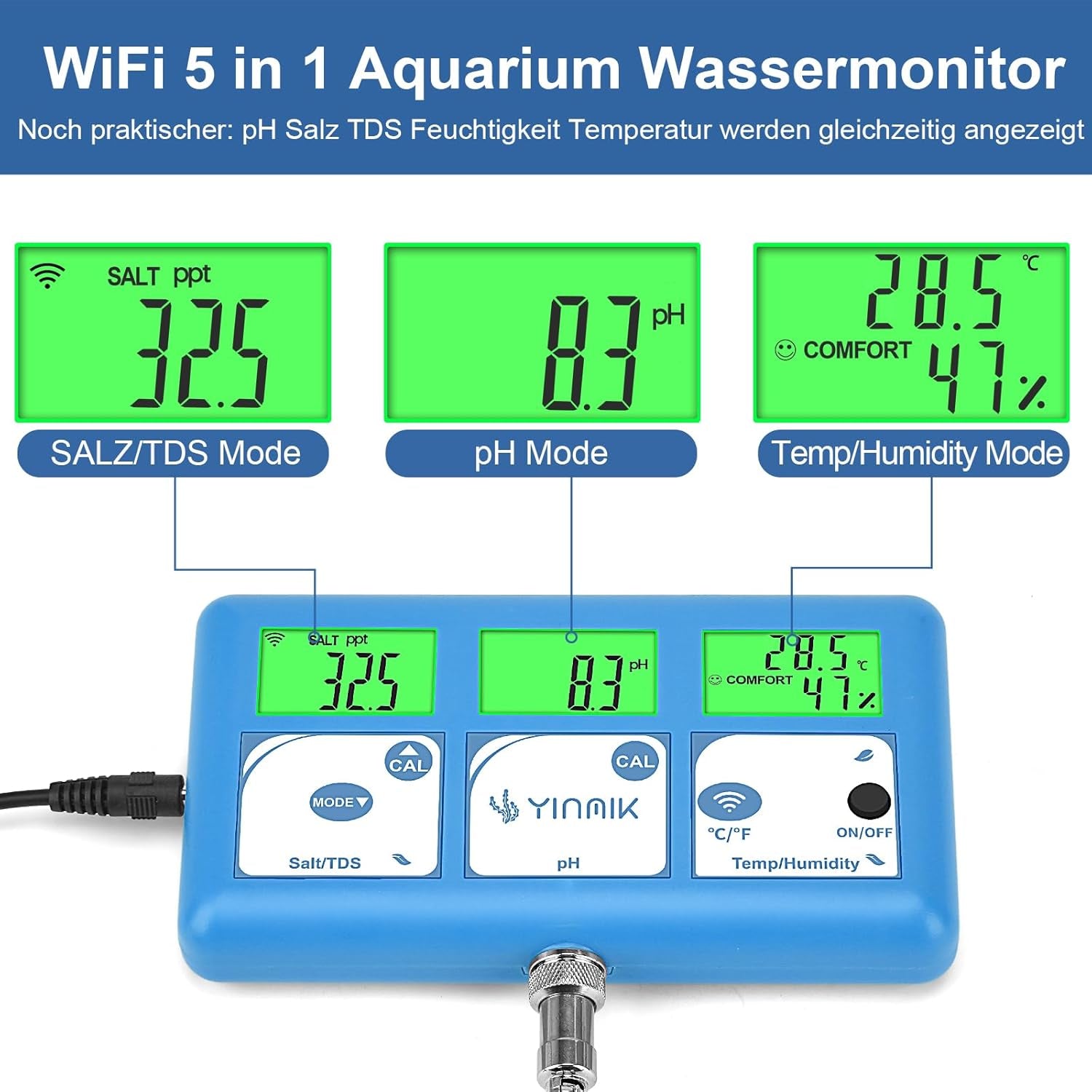Ph Messgerät Salz Aquarium, All-In-One Ph-Tds-Salz Temperatur Luftfeuchtigkeit, Continuous Ph SALZ Monitor Mit Wifi Fernbedienung Für Hydrokulturen, Aquarien Und Pools