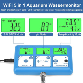Ph Messgerät Salz Aquarium, All-In-One Ph-Tds-Salz Temperatur Luftfeuchtigkeit, Continuous Ph SALZ Monitor Mit Wifi Fernbedienung Für Hydrokulturen, Aquarien Und Pools