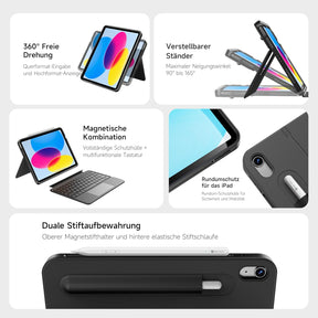 HOU Ipad 11. A16/10. Generation Case Mit Tastatur, Drehbare Und Abnehmbare Tastatur Für Ipad 11''/10, Elastische Stifthalterung, Vollschutzhülle, 7-Farben Hintergrundbeleuchtung, Multi-Touch Trackpad
