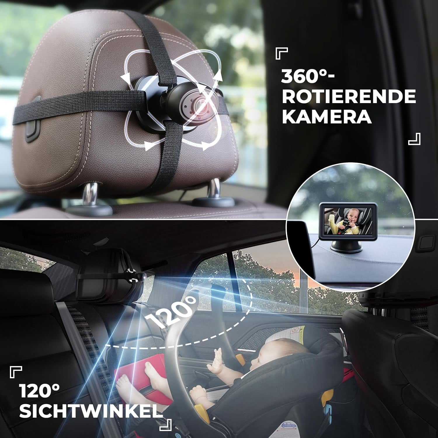 Baby Auto Kamera HD 1080P, 4,3'' Rücksitzkamera Mit Monitor, USB Plug-And-Play, Autospiegelkamera Nachtsicht Auto Spiegel Display Klare Sicht Für Den Rücksitz