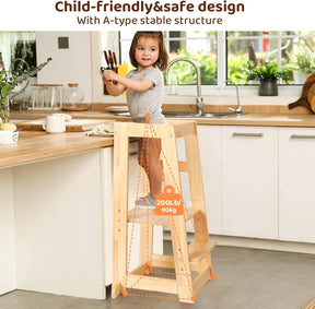 Lernturm Ab 1 Jahr | Höhenverstellbarer Kleinkinderturm Mit 3 Stufen & Sicherheitsgeländer | Für Küche, Badezimmer & Waschbecken | Rutschfester Tritthocker Für Kinder 18-36 Monate (Natural)