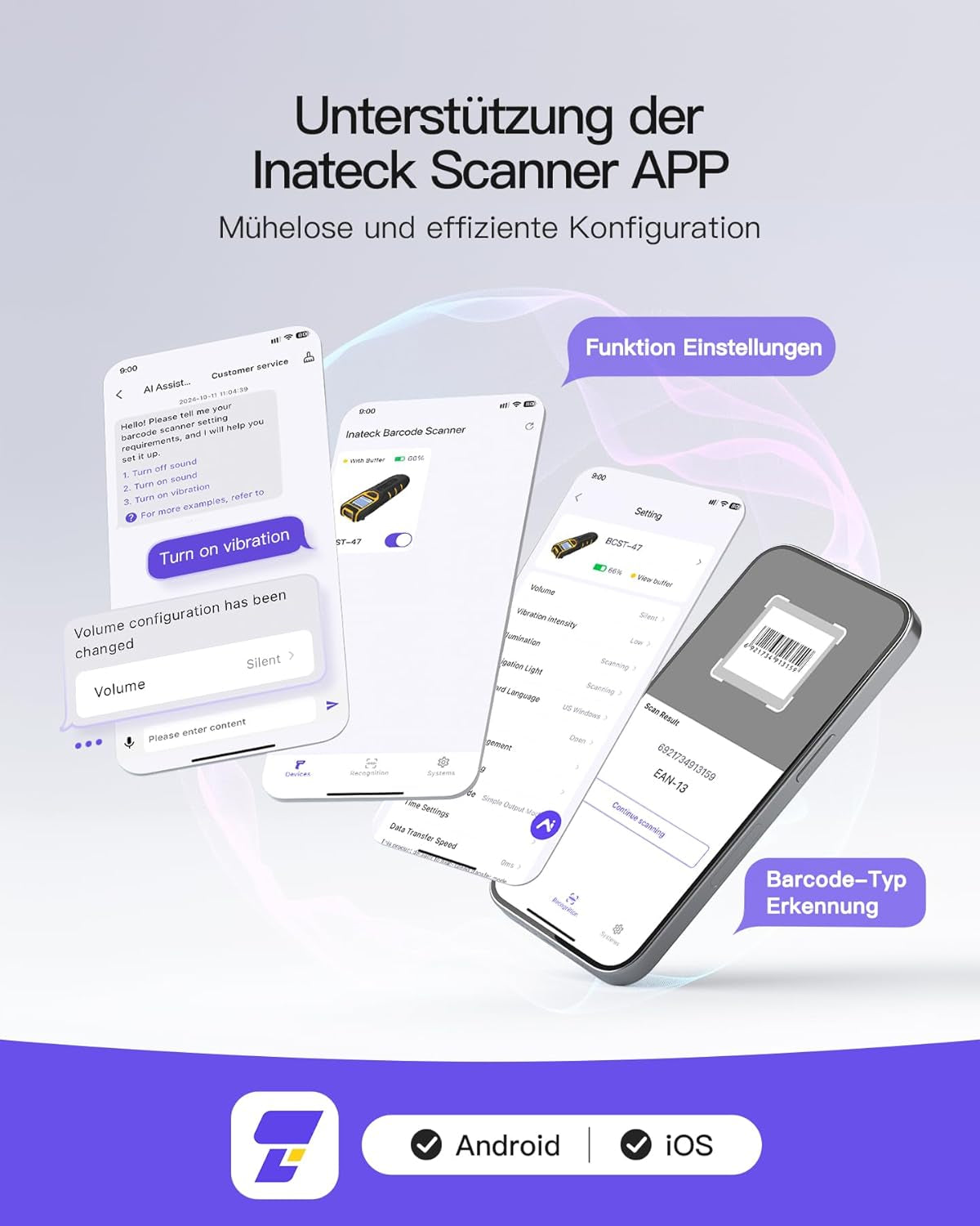 Inateck Barcode Scanner Bluetooth, 1D 2D QR Code Scanner Kabellos 2.4Ghz, Tragbarer Kabelloser Barcode-Scanner Mit Bildschirm, Handscanner Mit APP Und SDK, BCST-47