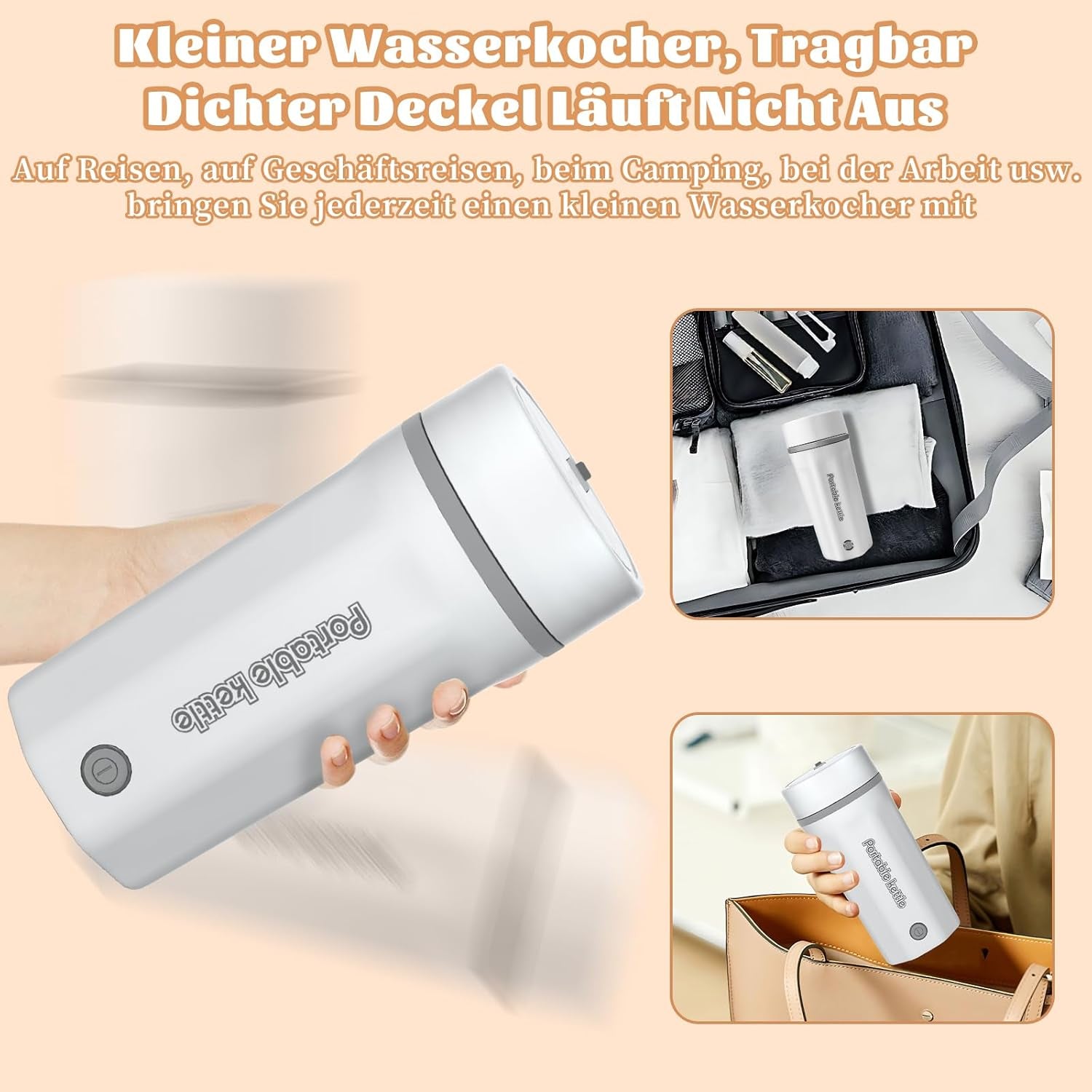 Elektrischer Reisewasserkocher Klein 500ML, Kleiner Wasserkocher Reise Schnelles Kochwasser Mini -Wasserkocher Tragbar 304 Edelstahl, Automatisches Schließen, for Tee, Kaffee, Babymilch,Elfenbeinweiß