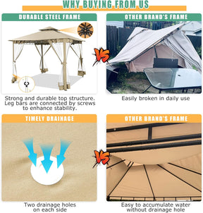 HOTEEL Pavillon 3X3 Wasserdicht Stabil, Gartenpavillon Mit Moskitonetz Und Doppeldach, Einfaches Einrichten Metall Pavillon Stabiler Als EIN Faltpavillon, Uv-Schutz 50+, Khaki