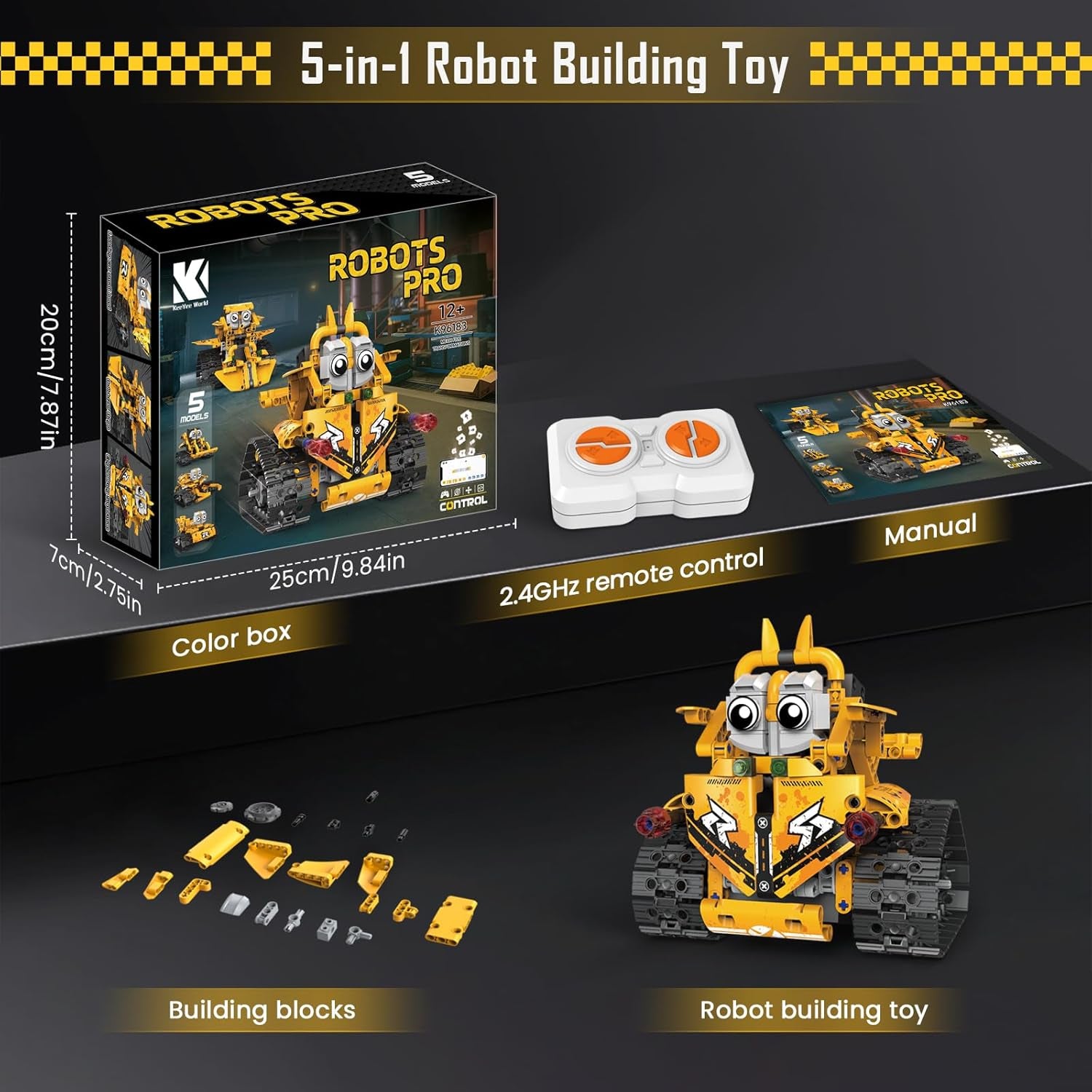 Ferngesteuerter Bausteinroboter, Ferngesteuerter Mehrfach-Wechselbaustein-Jedi-Rettungsteam, 5-In-1-App Und Ferngesteuerter Roboterpanzer-Geländewagen (Gelb)