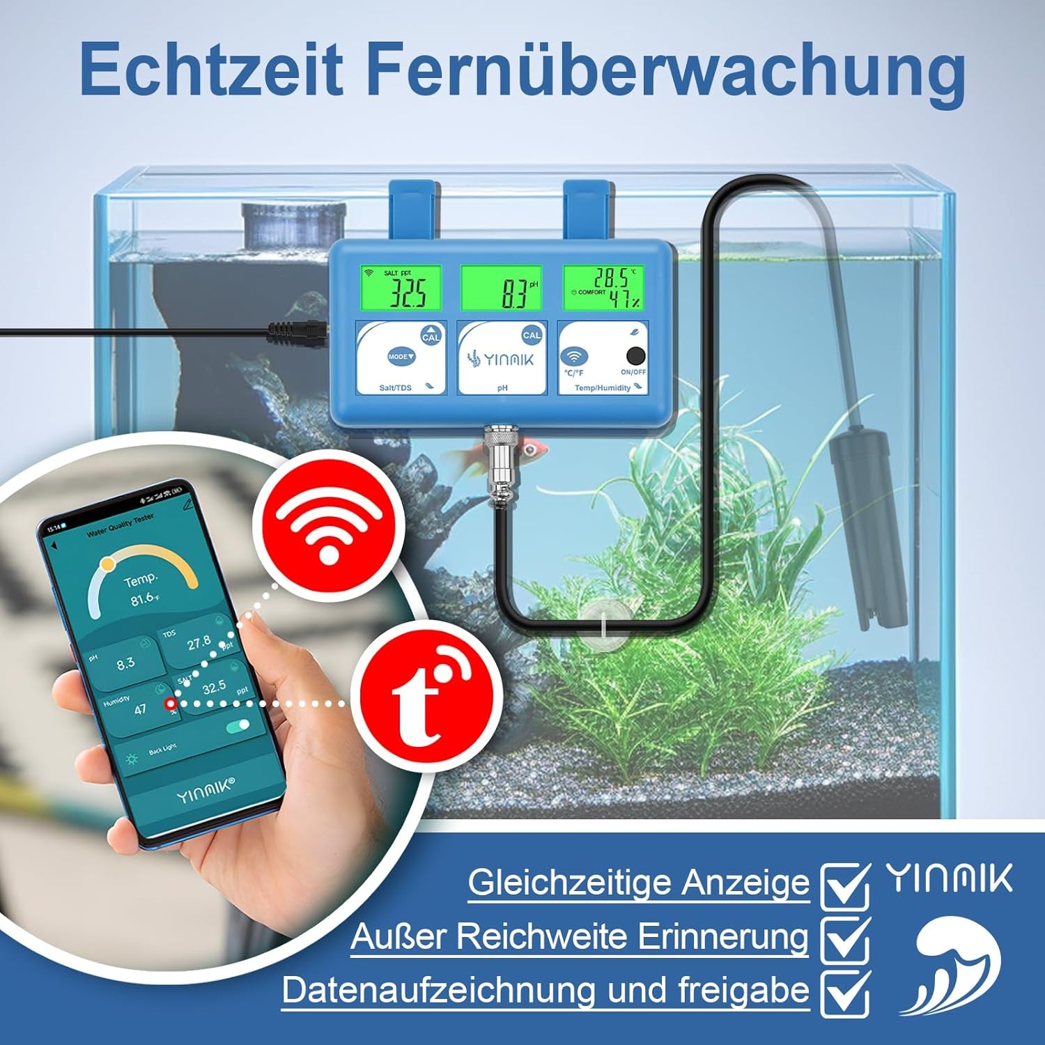 Ph Messgerät Salz Aquarium, All-In-One Ph-Tds-Salz Temperatur Luftfeuchtigkeit, Continuous Ph SALZ Monitor Mit Wifi Fernbedienung Für Hydrokulturen, Aquarien Und Pools