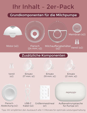 Momcozy Milchpumpe Elektrisch Tragbar Freihändig M5, Tragbare Doppelmilchpumpe Für Den Babymund, Doppelt Abgedichteter Flansch Mit 3 Modi Und 9 Stufen, Milchpumpe Elektrisch, 24 Mm (2, Rot)
