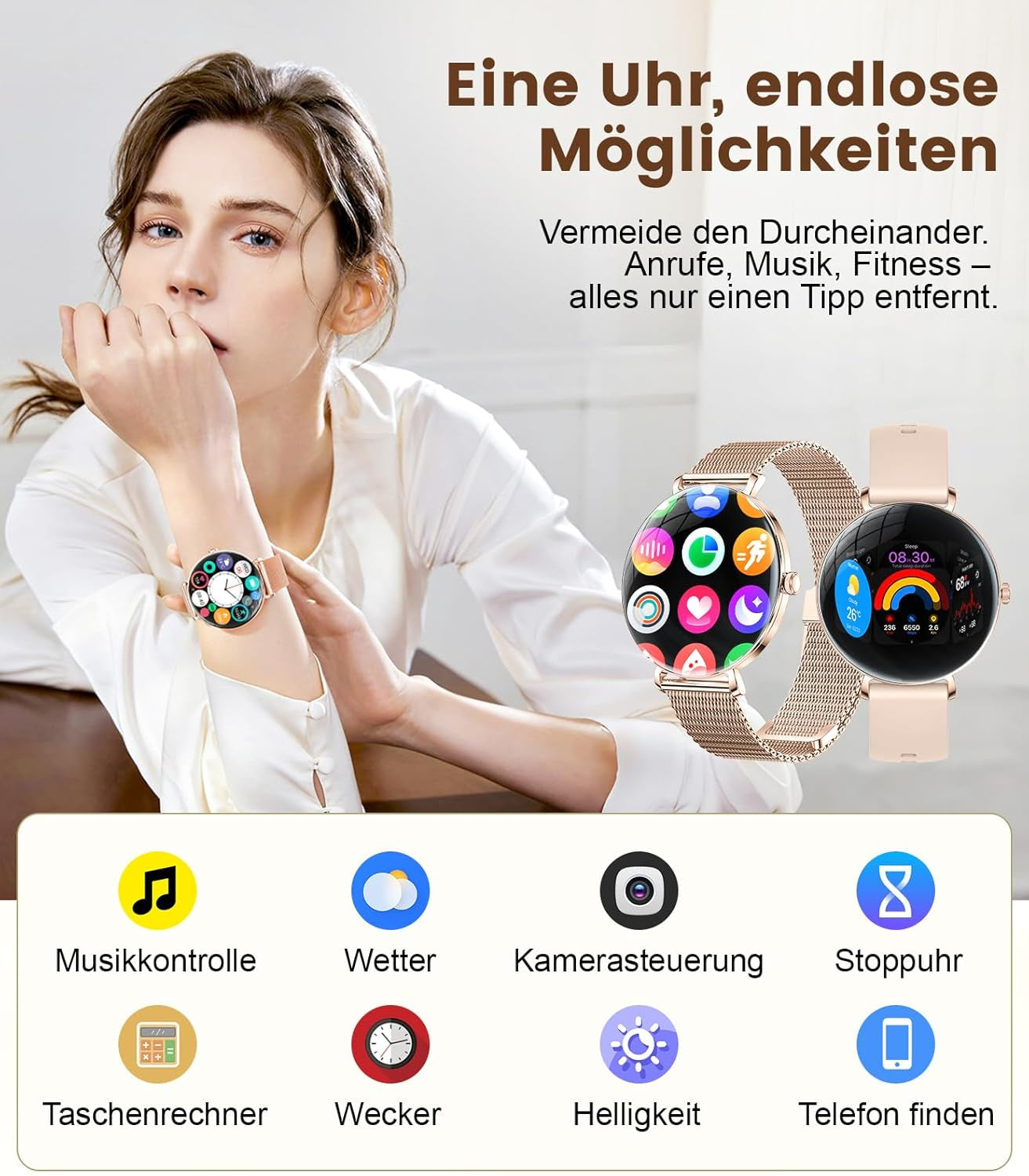 LIGE 2025 Smartwatch Damen, 1,43" HD AMOLED Kreisbogen Display Roségold Armbanduhr Mit Telefonfunktion, Menstruationszyklus/Herzfrequenz, IP68 Wasserdicht 120+ Sportmodi Sportuhr Für Andriod Ios