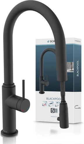 SCHÜTTE 79566 Blackpool Küchenarmatur Mit Ausziehbarer Geschirrbrause, 360 Grad Wasserhahn Für Die Küche, Mischbatterie Mit Einhebelmischer, Spültischarmatur Mit Brause Ausziehbar in Schwarz