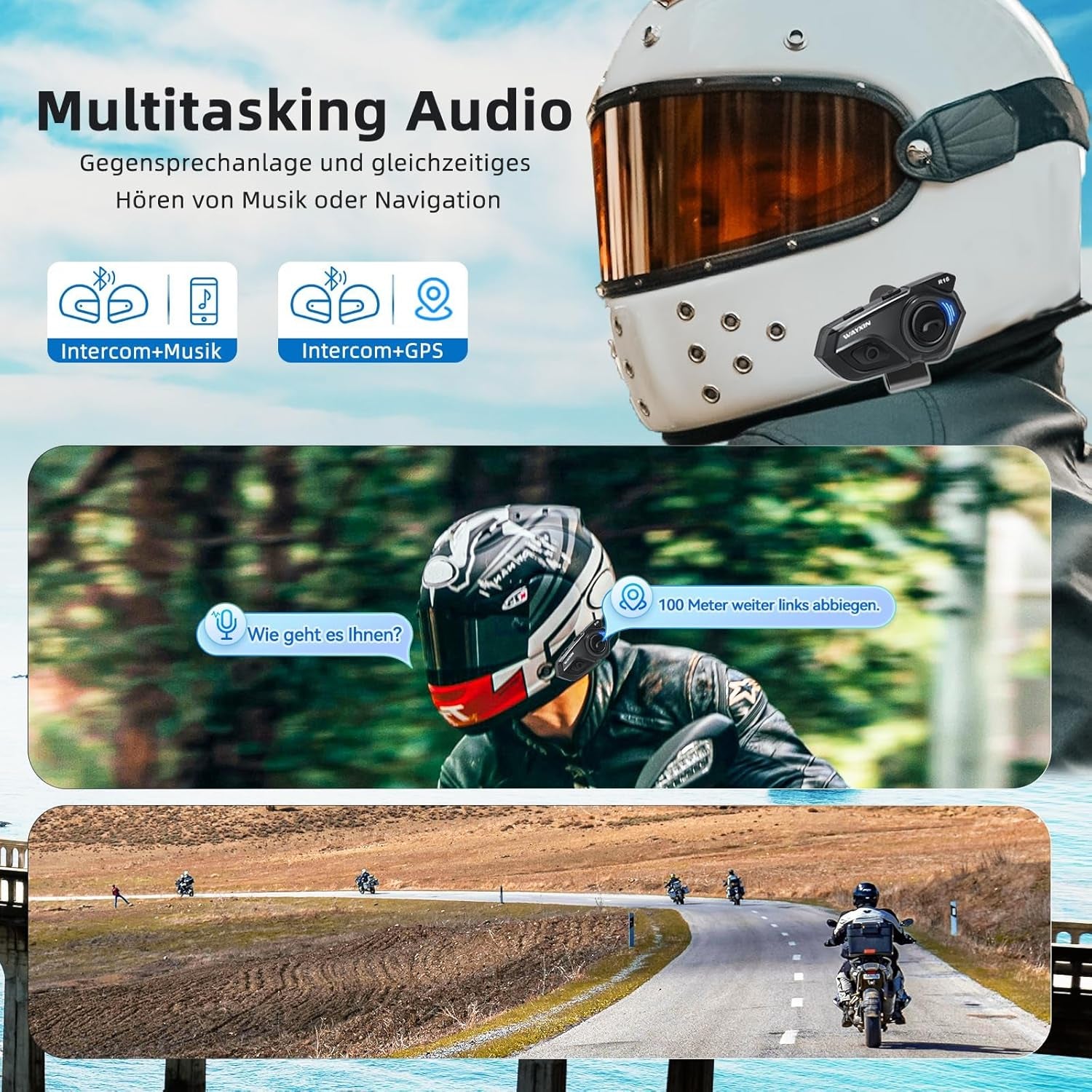 WAYXIN R16 Motorrad Bluetooth Headset –Motorradhelm -Intercom Mit Dual-Chip, Multi-Audio,Ip67 Wasserdicht, Musik Teilen & Fm-Radio, Für 6 Personen-Gruppe – Kompatibel Mit Anderen Marken