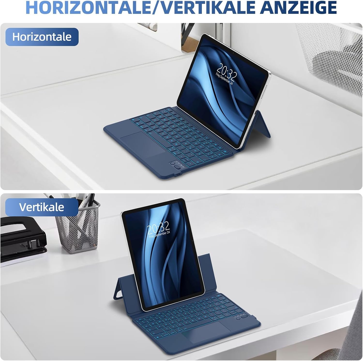 Magnetische Tastatur Hülle Für Ipad Pro 11″(2024 M4),Tastaturhülle Für Ipad Pro 11″ 5.Gen M4,Verstellbares Hoch-/Querformat,Multi-Touch-Trackpad Und 7-Farbige Beleuchtete Tastatur,Qwertz-Blau