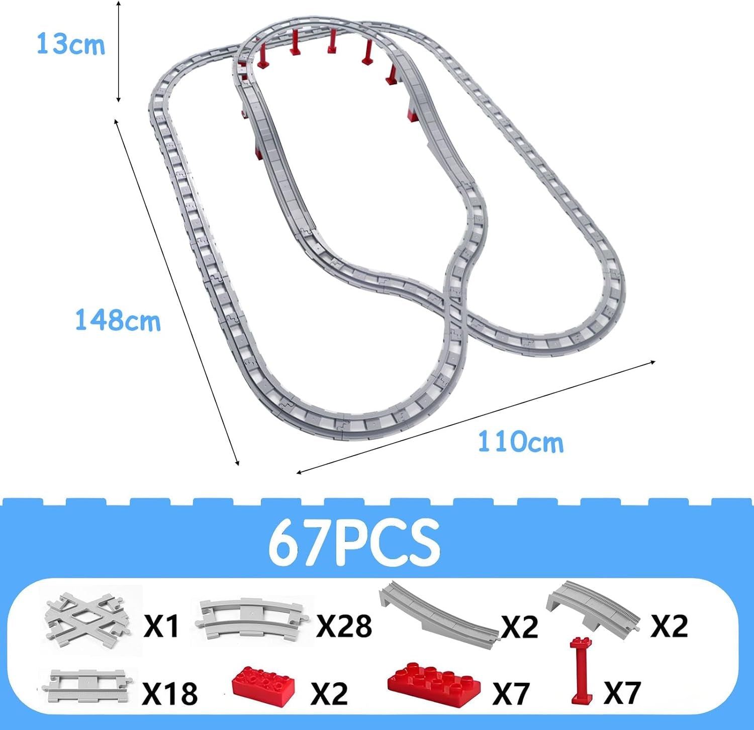 67PCS Bausteine Schienen Set, City Eisenbahn Schienen Bestehend Aus Cross, Track Gerade, Kurven Schienen, Schräge Schienen, Kompatibel Mit Dem Marktführer Ab 2 Jahren