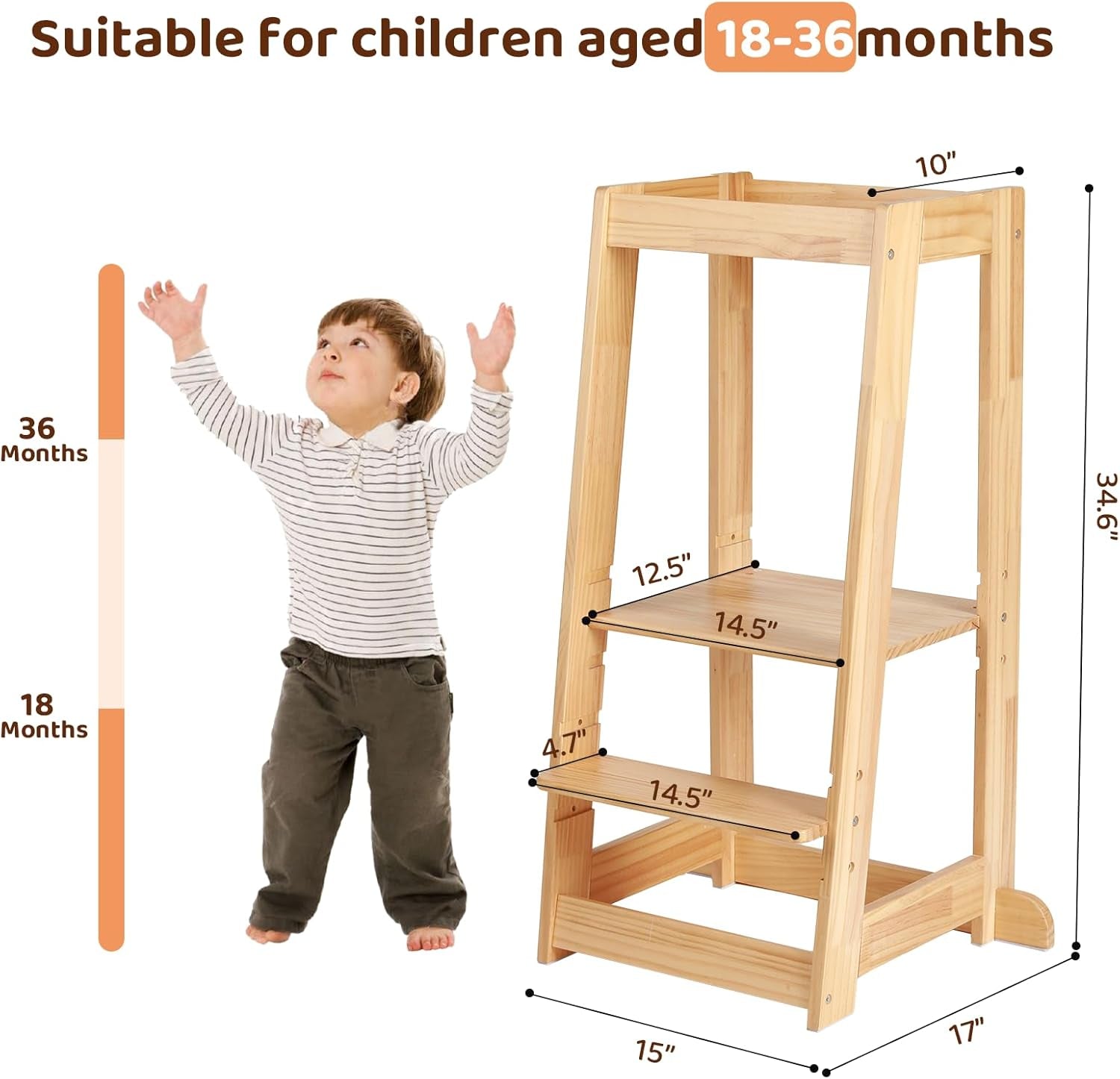 Lernturm Ab 1 Jahr | Höhenverstellbarer Kleinkinderturm Mit 3 Stufen & Sicherheitsgeländer | Für Küche, Badezimmer & Waschbecken | Rutschfester Tritthocker Für Kinder 18-36 Monate (Natural)
