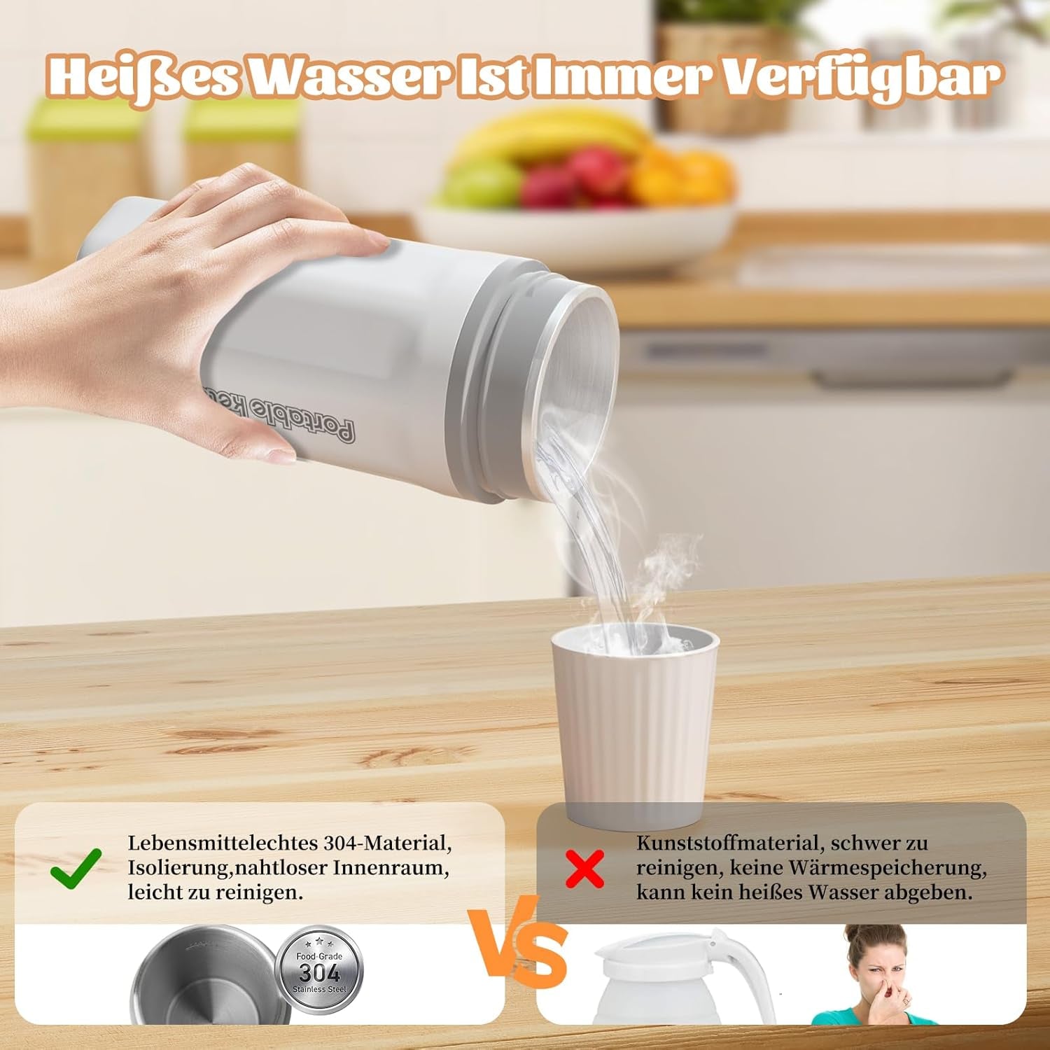 Elektrischer Reisewasserkocher Klein 500ML, Kleiner Wasserkocher Reise Schnelles Kochwasser Mini -Wasserkocher Tragbar 304 Edelstahl, Automatisches Schließen, for Tee, Kaffee, Babymilch,Elfenbeinweiß