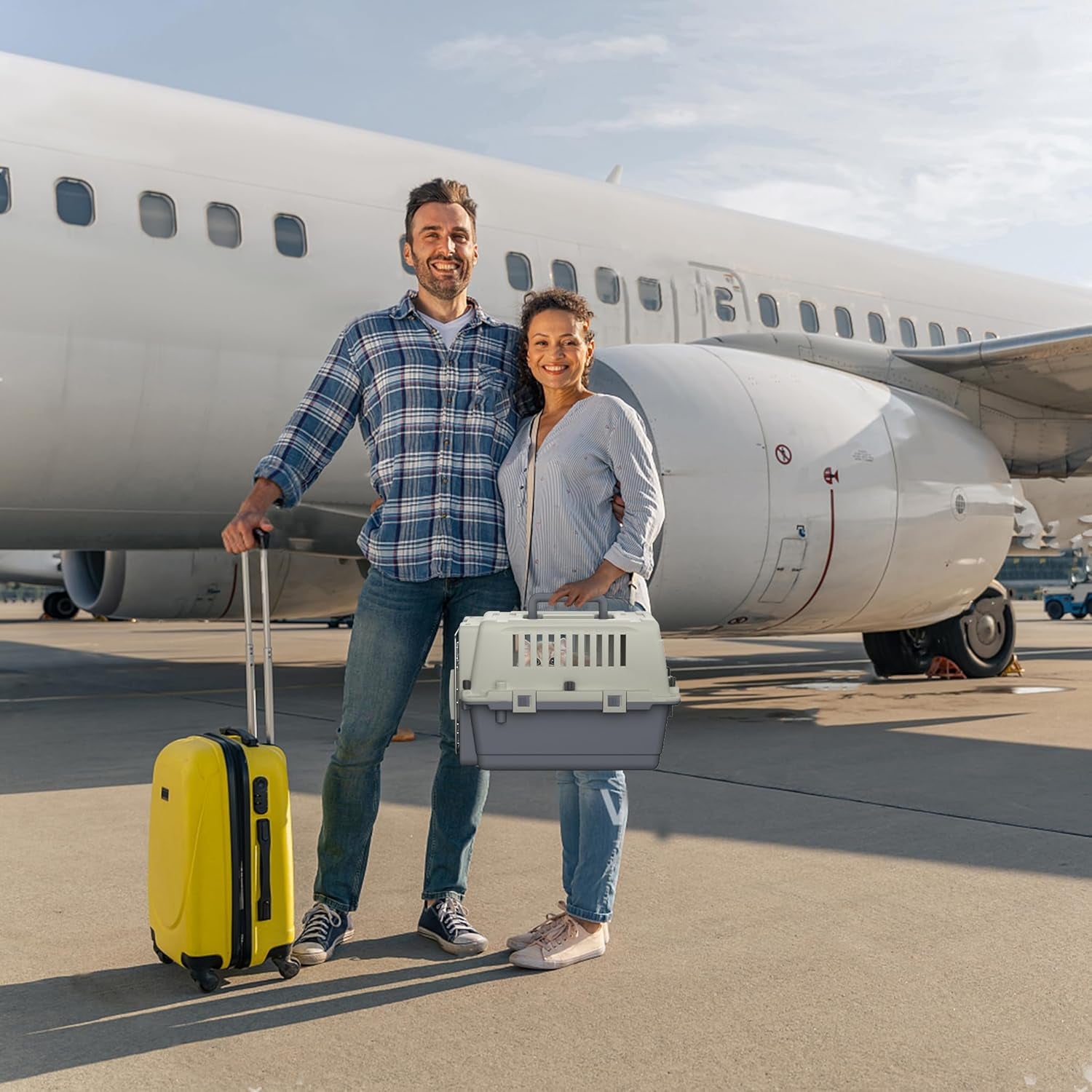 HENGMEI Transportbox Hundebox Hundetransportbox Kleine Hunde Und Katzen Kaninchen Kunststoff Katzenkorb Tiertransportbox Mit Tür Lüftungsschlitze Urinbarriere Schalen Und Tragegriff, 49.5×33.5×36Cm