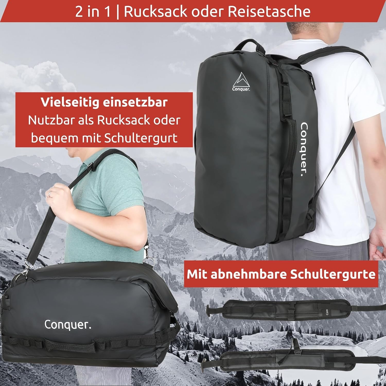 Conquer. Faltbare Reisetasche 45 L Duffel Bag Herren & Damen | Robuste, Wasserfeste & Große Reisetasche Handgepäck Mit Schultergurten & Schuhfach | Weekender, Sporttasche, Gym Bag
