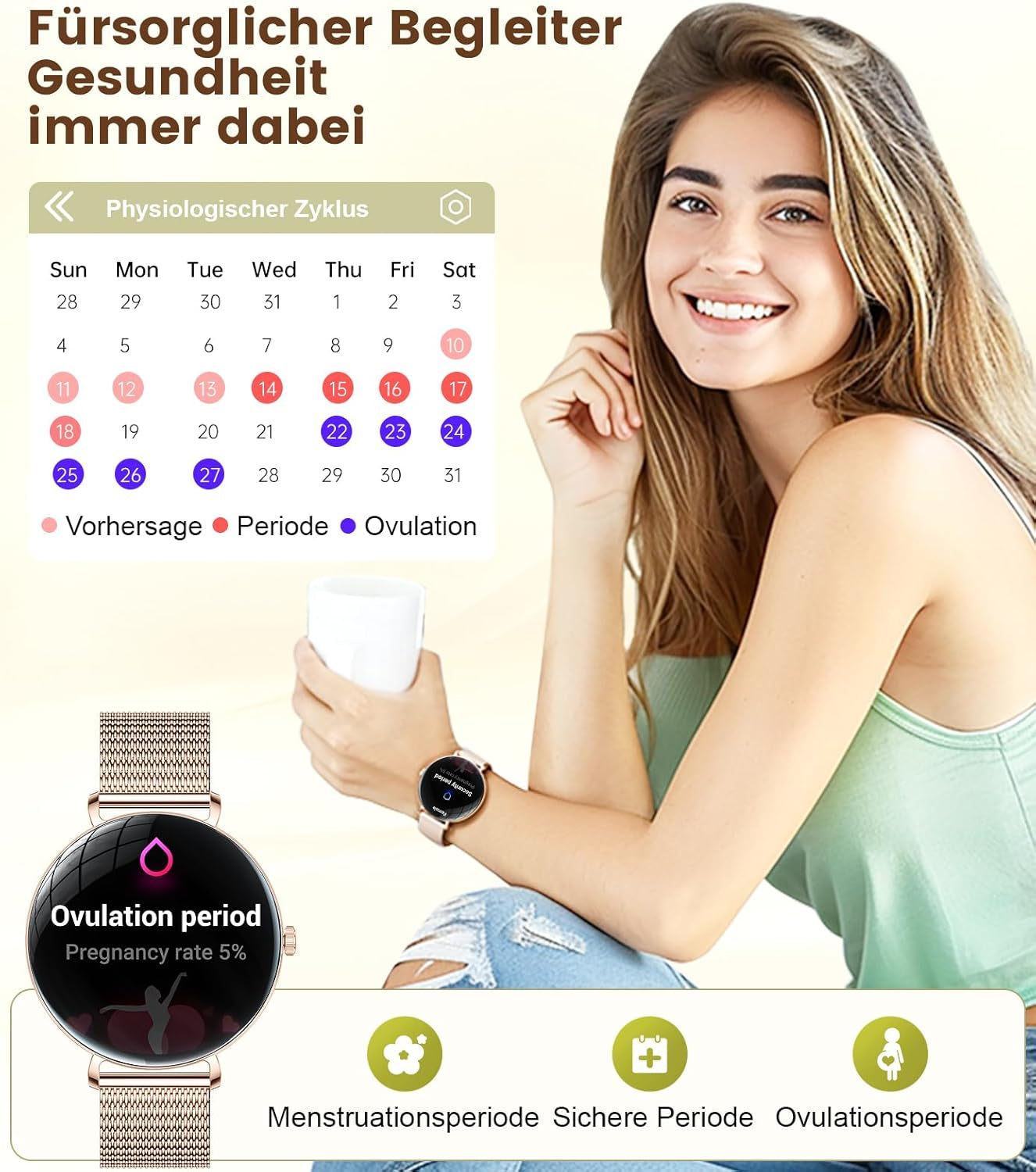 LIGE 2025 Smartwatch Damen, 1,43" HD AMOLED Kreisbogen Display Roségold Armbanduhr Mit Telefonfunktion, Menstruationszyklus/Herzfrequenz, IP68 Wasserdicht 120+ Sportmodi Sportuhr Für Andriod Ios