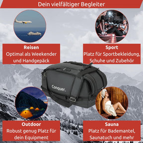 Conquer. Faltbare Reisetasche 45 L Duffel Bag Herren & Damen | Robuste, Wasserfeste & Große Reisetasche Handgepäck Mit Schultergurten & Schuhfach | Weekender, Sporttasche, Gym Bag