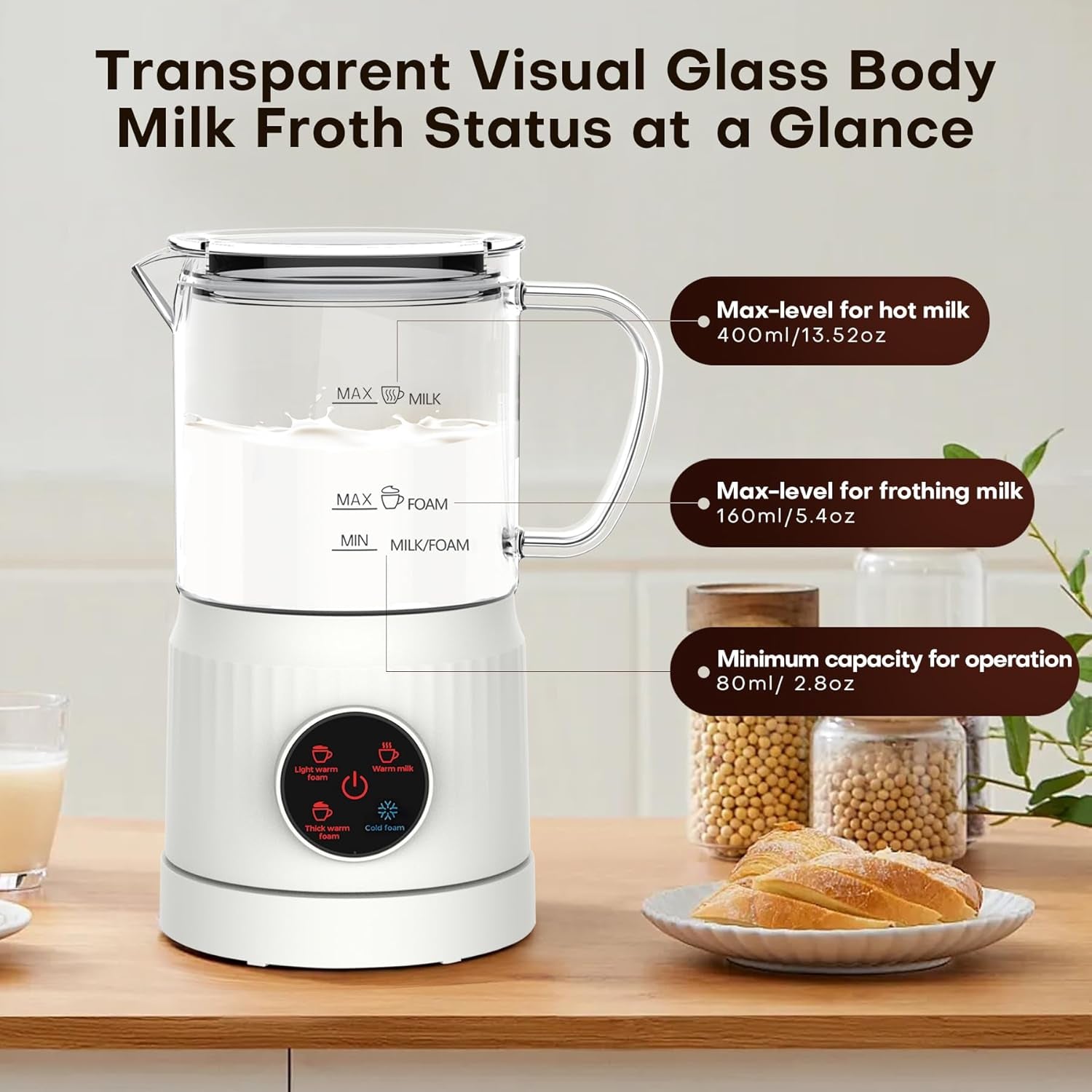 4 in 1 Milchaufschäumer Elektrisch Und Milchwärmer, Automatische Milchschäumer Für Heiß & Kalt, Elektrischer Milchaufschäumer Visuelles Glas, Schaum Maker Für Kaffee, Latte, Cappuccino, Weiß