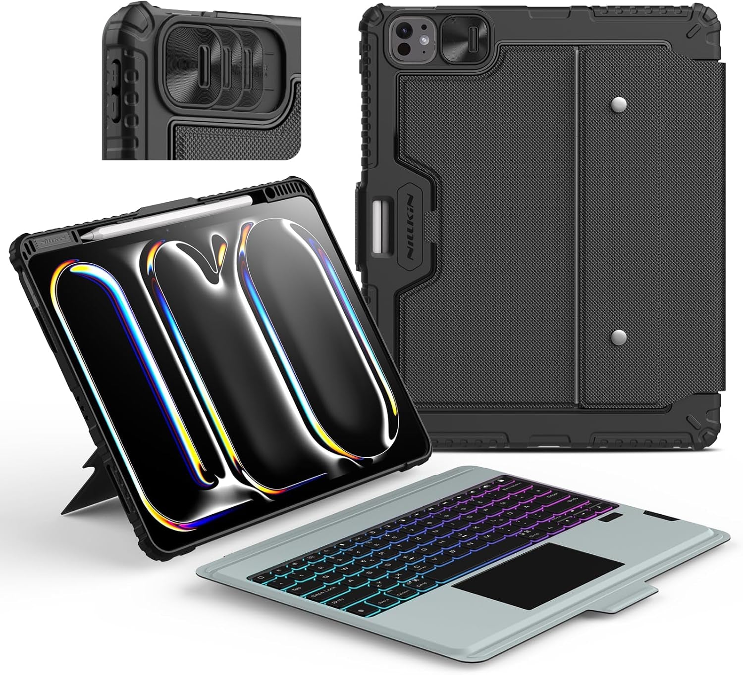 Nillkin Ipad Pro 13 Zoll (M4, 2024) Hülle Mit Tastatur, Robuste Tastaturhülle Mit Kamerabedeckung,Verstellbar, Abnehmbar,Magischem Trackpad, 7-Farben-Hintergrundbeleuchtung,Schwarz