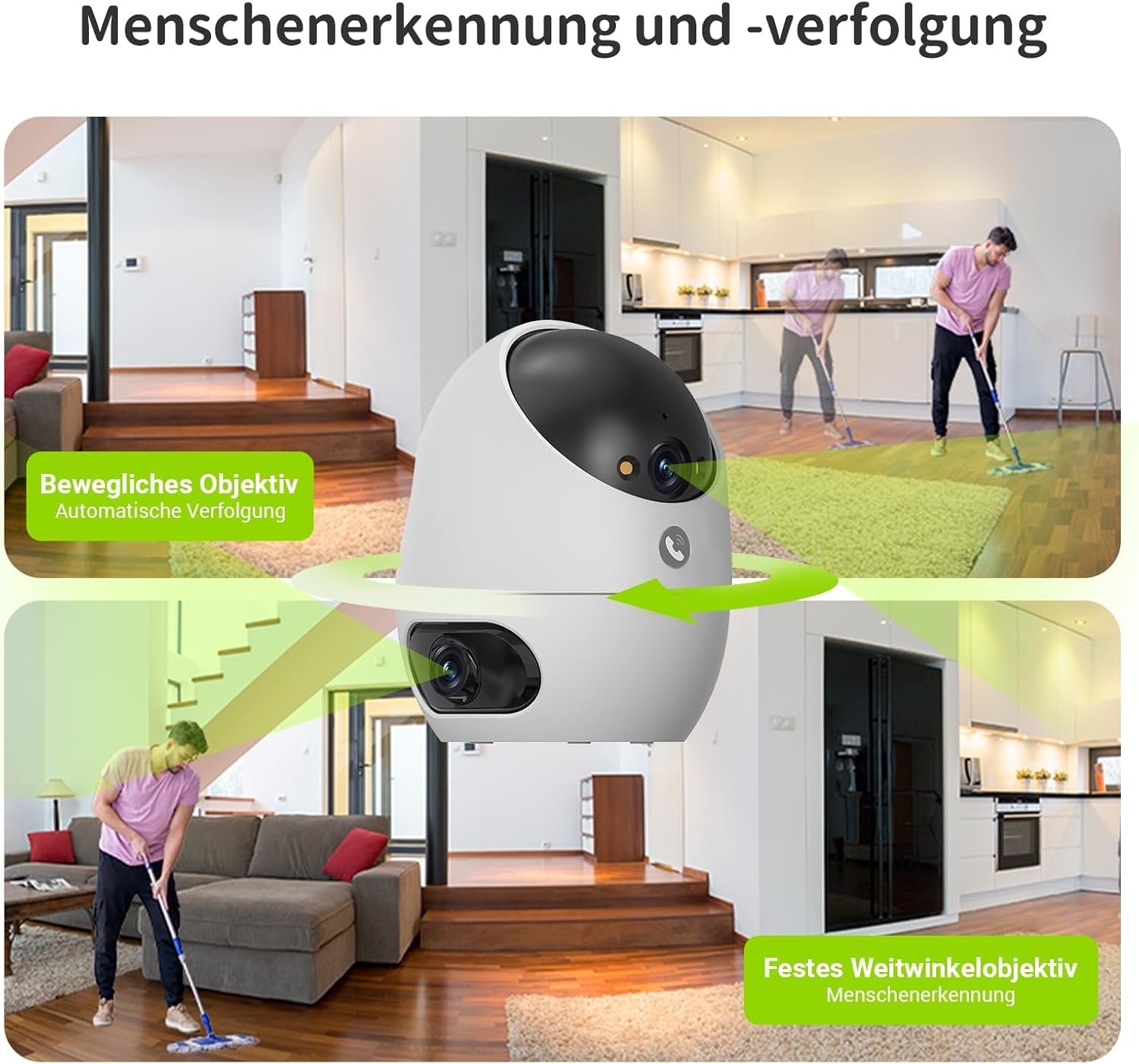 3K+3K (5MP+5MP) WLAN Kamera Mit Dual-Objektiv, Überwachungskamera Innen Mit Erkennung Von Person, Haustier Und Winkender Hand, Alexa Kamera Unterstützt Patrouillenmodus, 2-Wege-Audio D220