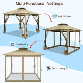 HOTEEL Pavillon 3X3 Wasserdicht Stabil, Gartenpavillon Mit Moskitonetz Und Doppeldach, Einfaches Einrichten Metall Pavillon Stabiler Als EIN Faltpavillon, Uv-Schutz 50+, Khaki