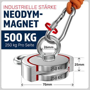 Magnetfischen Set - 250 KG - Ø75Mm - Neodym Magnet Mit Seil (20M) & Handschuhe - Magnet Fischen Angel - Ösenmagnet - Fishing Magnetangel - Magnetangeln Set