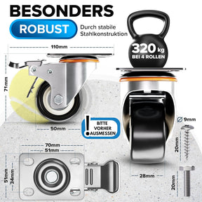 PEARWAY™ Premium Schwerlastrollen Bis 320Kg [4X Bremse] I Robuste Möbelrollen I Rollen Für Möbel I Lenkrollen 50Mm Für Innen & Außen I Transportrollen Schwerlast I Rollen Schwerlast I Möbel Rollen